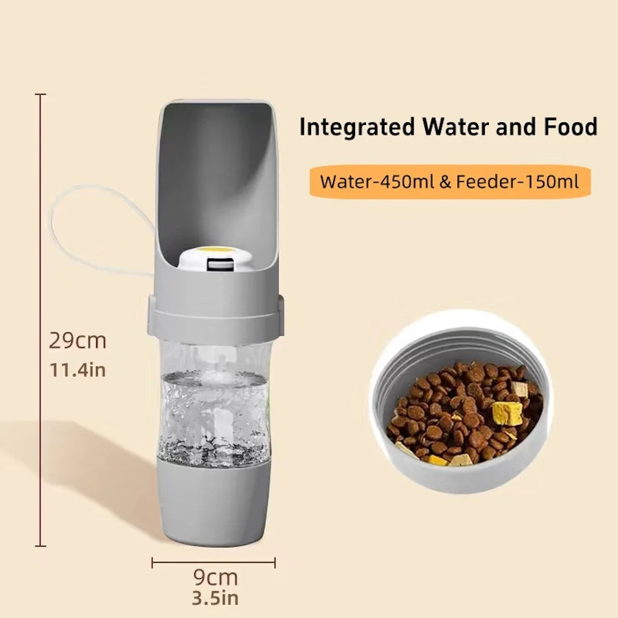 PETS TIDY Portable Dog & Cat Water Bottle with Food Storage — Leak-Proof Travel Feeder